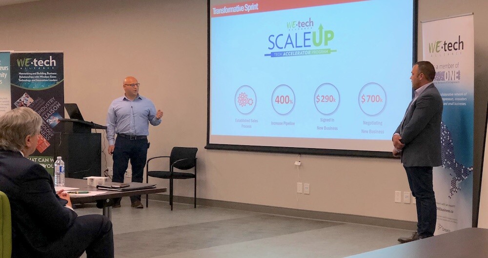 Nick Scozzaro and Jason Musyj make their winning pitch to the ScaleUP Tech Accelerator judges